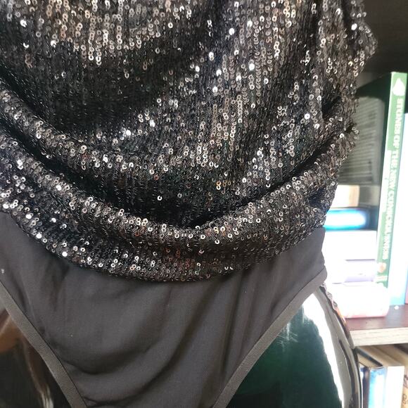 Black‎ Sequin Y2K Thong Bodysuit Clubwear X Large Vamp Whimsygoth Baddie NWT - Picture 4 of 5